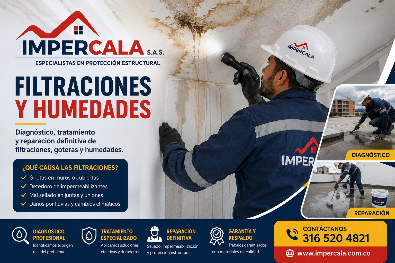 IMPERCALA S.A.S - Diagnóstico, tratamiento y reparación definitiva de filtraciones y humedades - Contáctanos 316 520 4821